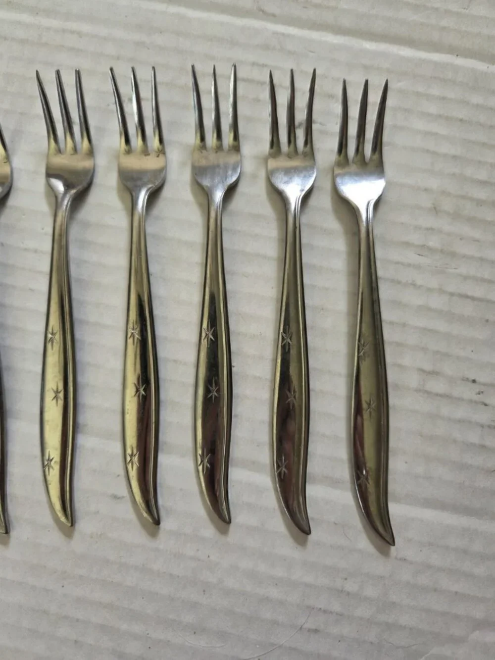 Vintage Starette Starburst Atomic Stainless Steel Cocktail Forks Set of 7 +knife